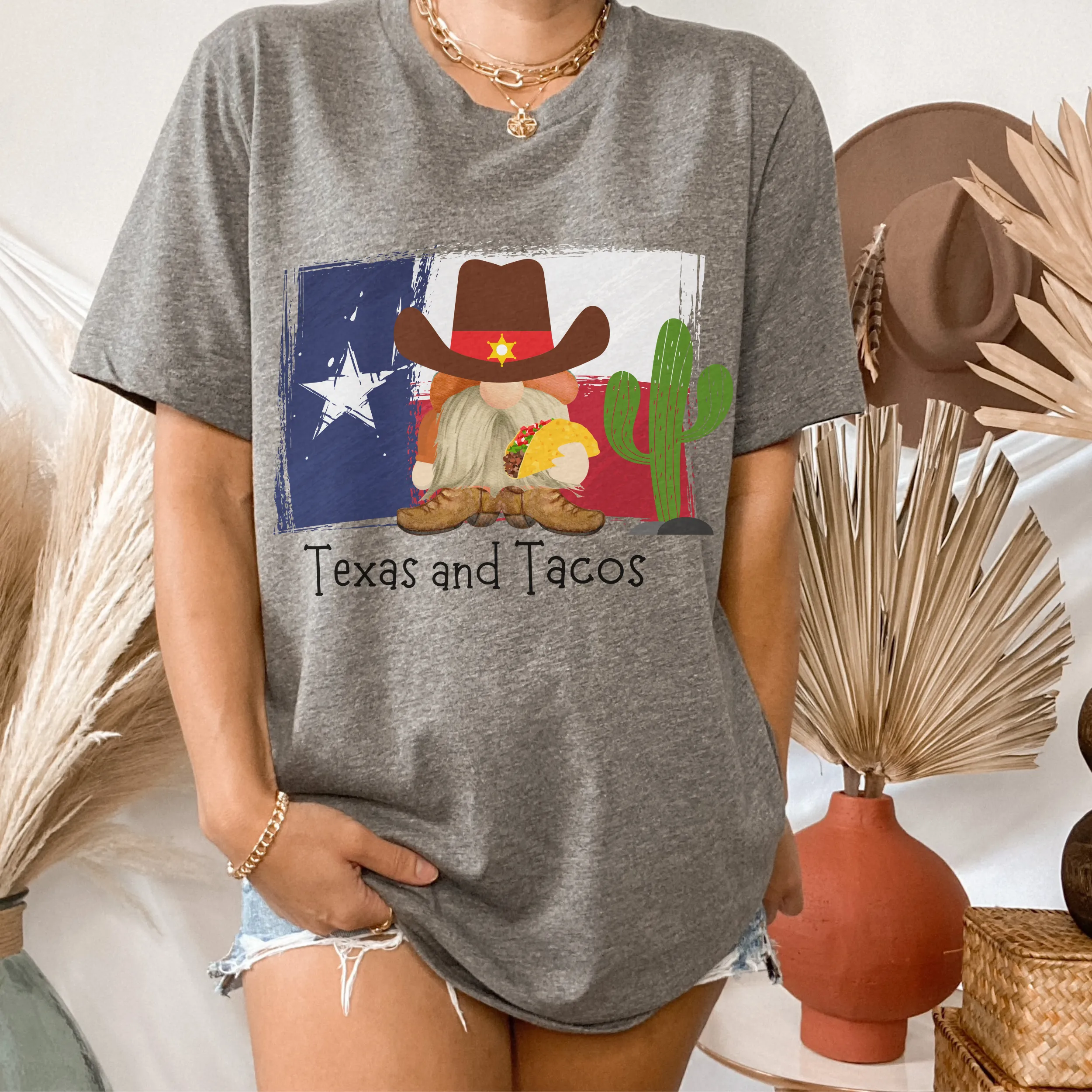 Adorable Texas and Tacos Unisex Bella Canvas® T-shirt Women's Heather Olive, Deep Heather or White Cute Cowboy Gnome with a Taco