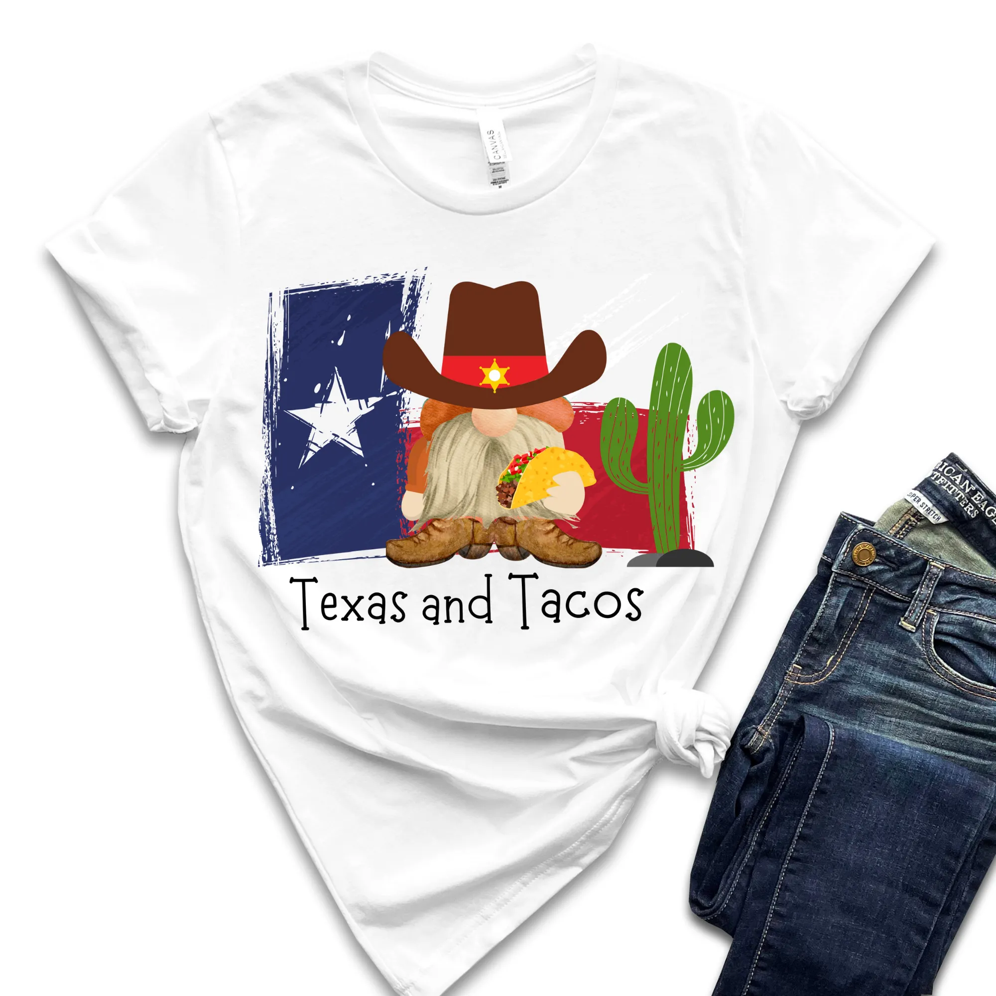 Adorable Texas and Tacos Unisex Bella Canvas® T-shirt Women's Heather Olive, Deep Heather or White Cute Cowboy Gnome with a Taco