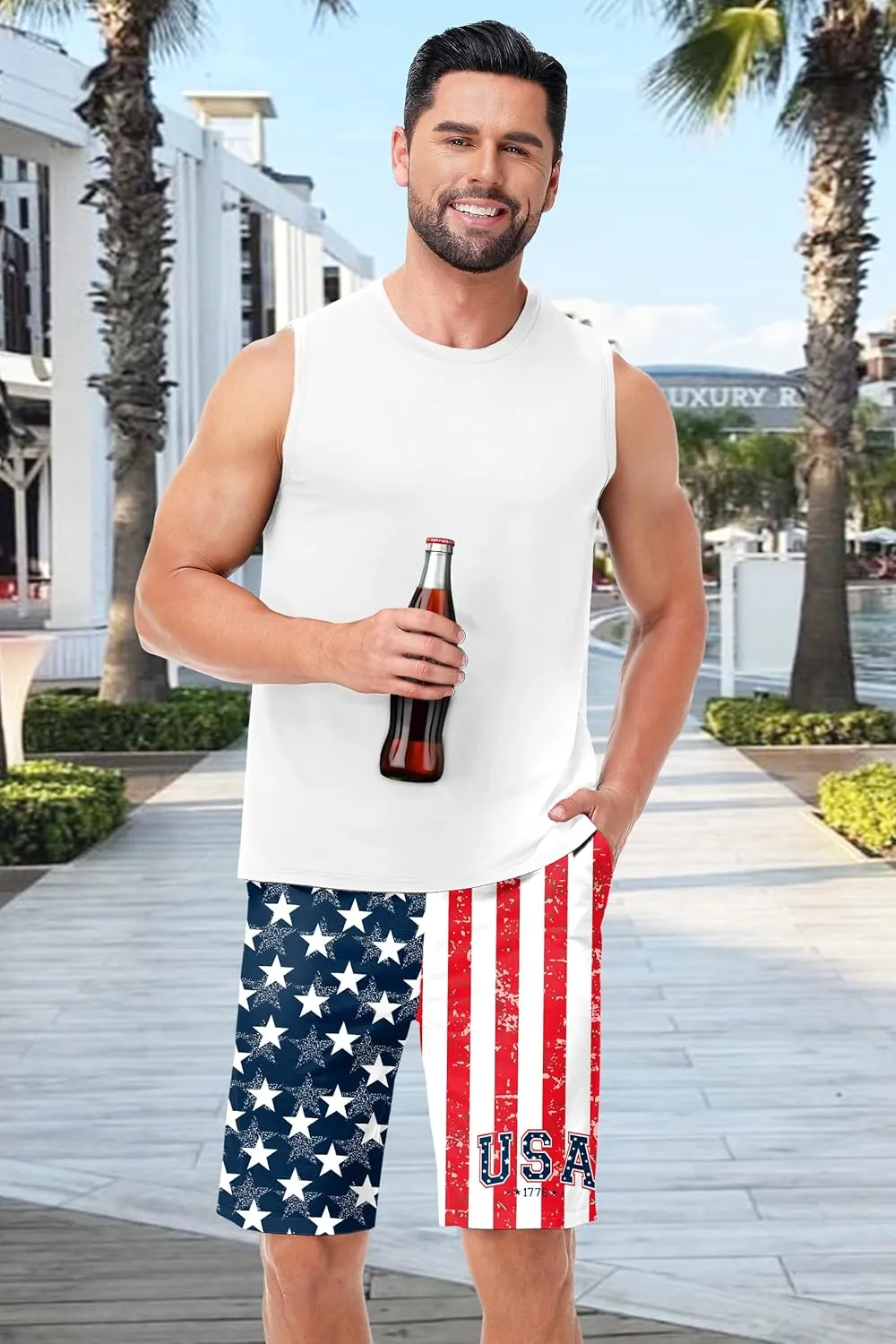 AOBUTE Men's 4th of July Shorts American Flag Patriotic Shorts with Pockets