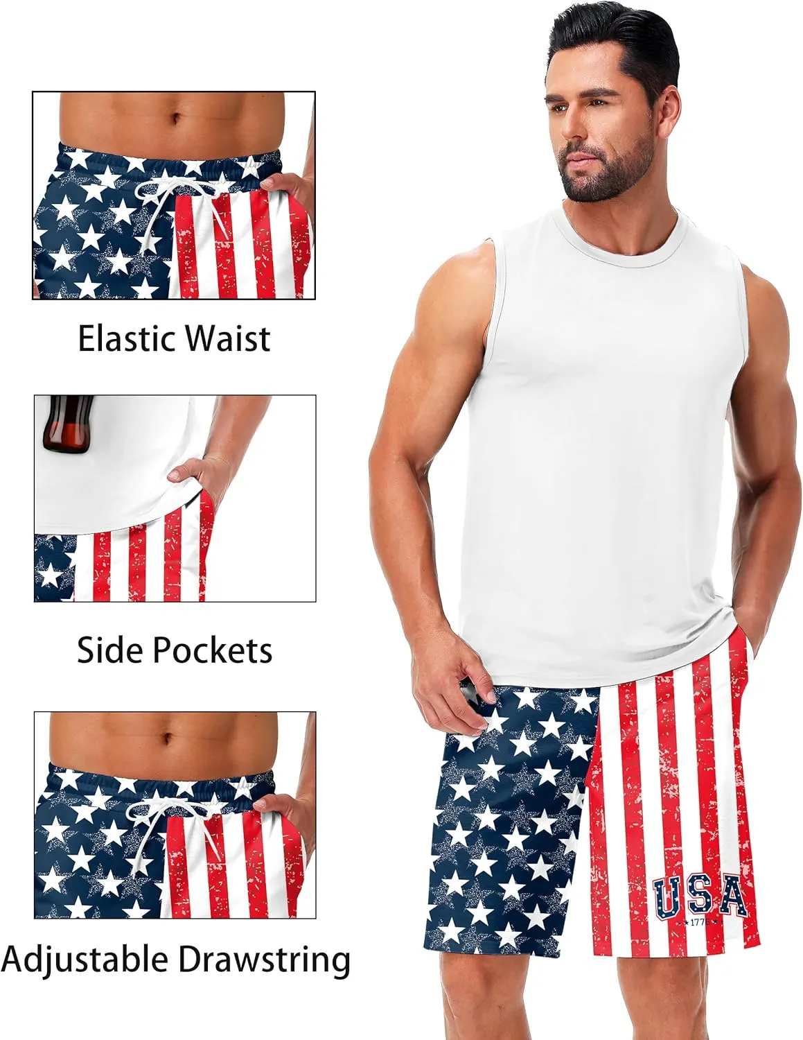 AOBUTE Men's 4th of July Shorts American Flag Patriotic Shorts with Pockets
