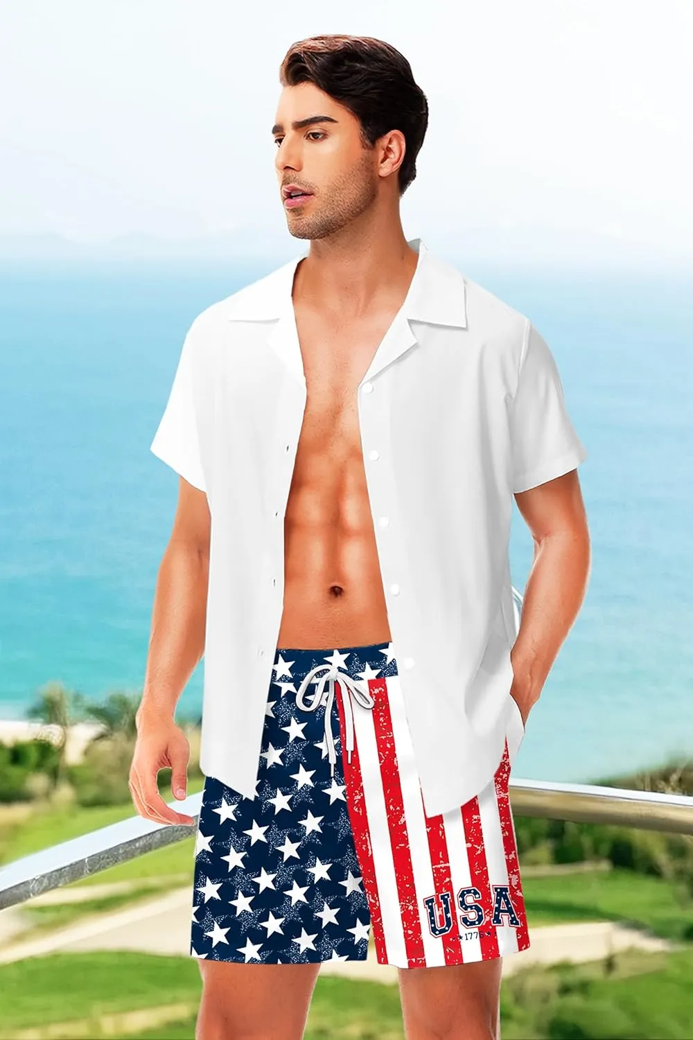 AOBUTE Men's 4th of July Shorts American Flag Patriotic Shorts with Pockets