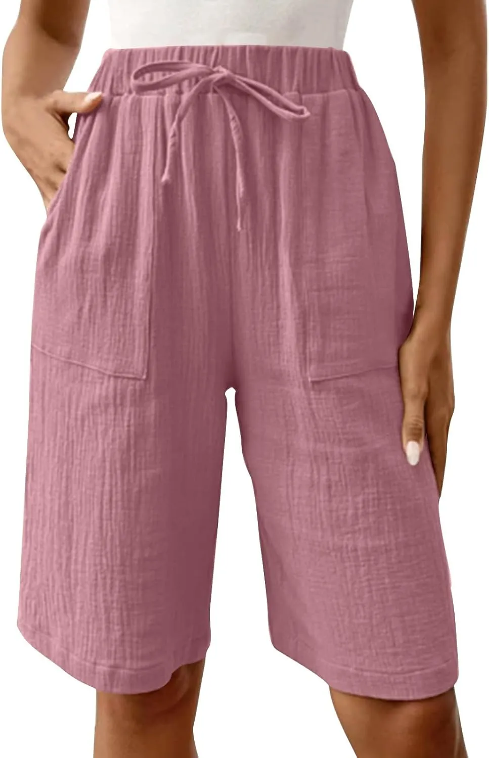 Bermuda Shorts for Women Knee Length Elastic Waist Drawstring Loose Wide Leg Shorts Summer Casual Beach Clothes 2025