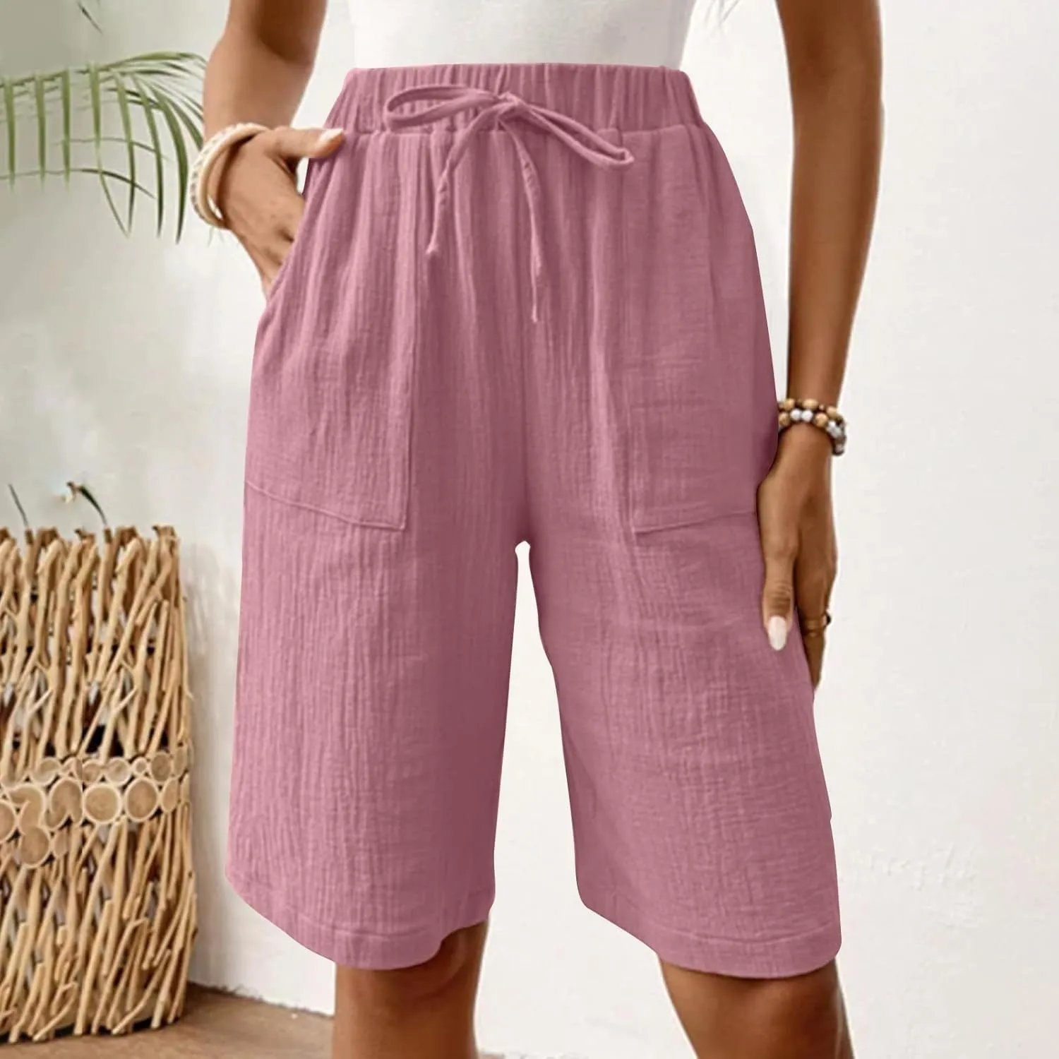 Bermuda Shorts for Women Knee Length Elastic Waist Drawstring Loose Wide Leg Shorts Summer Casual Beach Clothes 2025