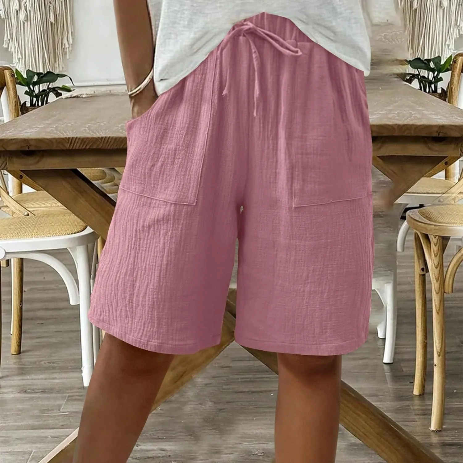 Bermuda Shorts for Women Knee Length Elastic Waist Drawstring Loose Wide Leg Shorts Summer Casual Beach Clothes 2025