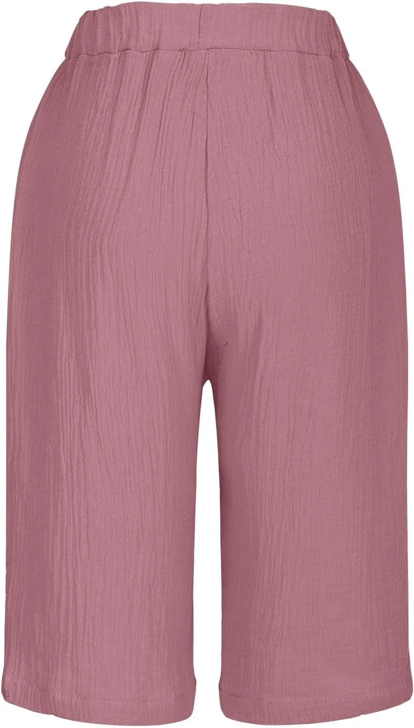 Bermuda Shorts for Women Knee Length Elastic Waist Drawstring Loose Wide Leg Shorts Summer Casual Beach Clothes 2025