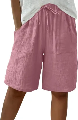Bermuda Shorts for Women Knee Length Elastic Waist Drawstring Loose Wide Leg Shorts Summer Casual Beach Clothes 2025