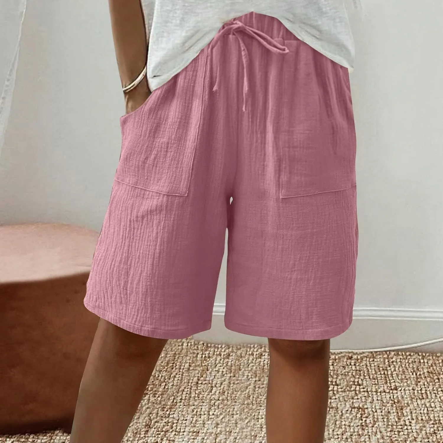 Bermuda Shorts for Women Knee Length Elastic Waist Drawstring Loose Wide Leg Shorts Summer Casual Beach Clothes 2025