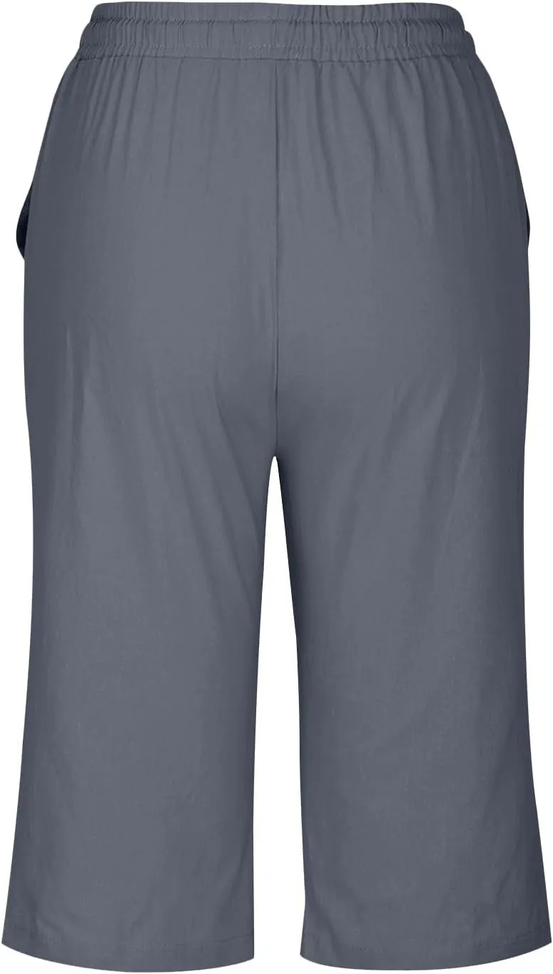 Bermuda Shorts for Women Knee Length High Waist Palazzo Cotton Linen Casual Pants with Pocket Summer Beach Vacation