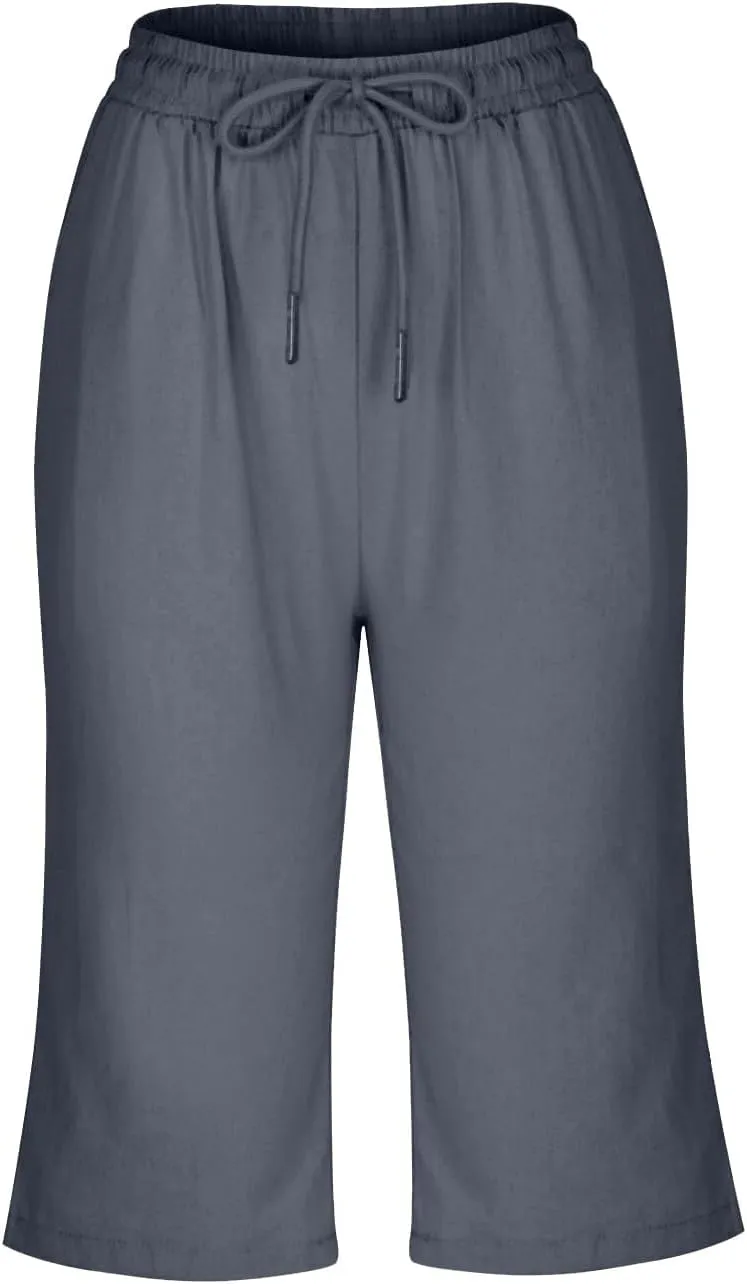 Bermuda Shorts for Women Knee Length High Waist Palazzo Cotton Linen Casual Pants with Pocket Summer Beach Vacation