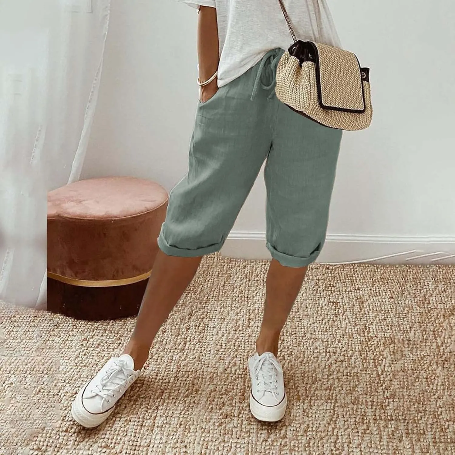 Bermuda Shorts for Women Knee Length High Waist Palazzo Cotton Linen Casual Pants with Pocket Summer Beach Vacation