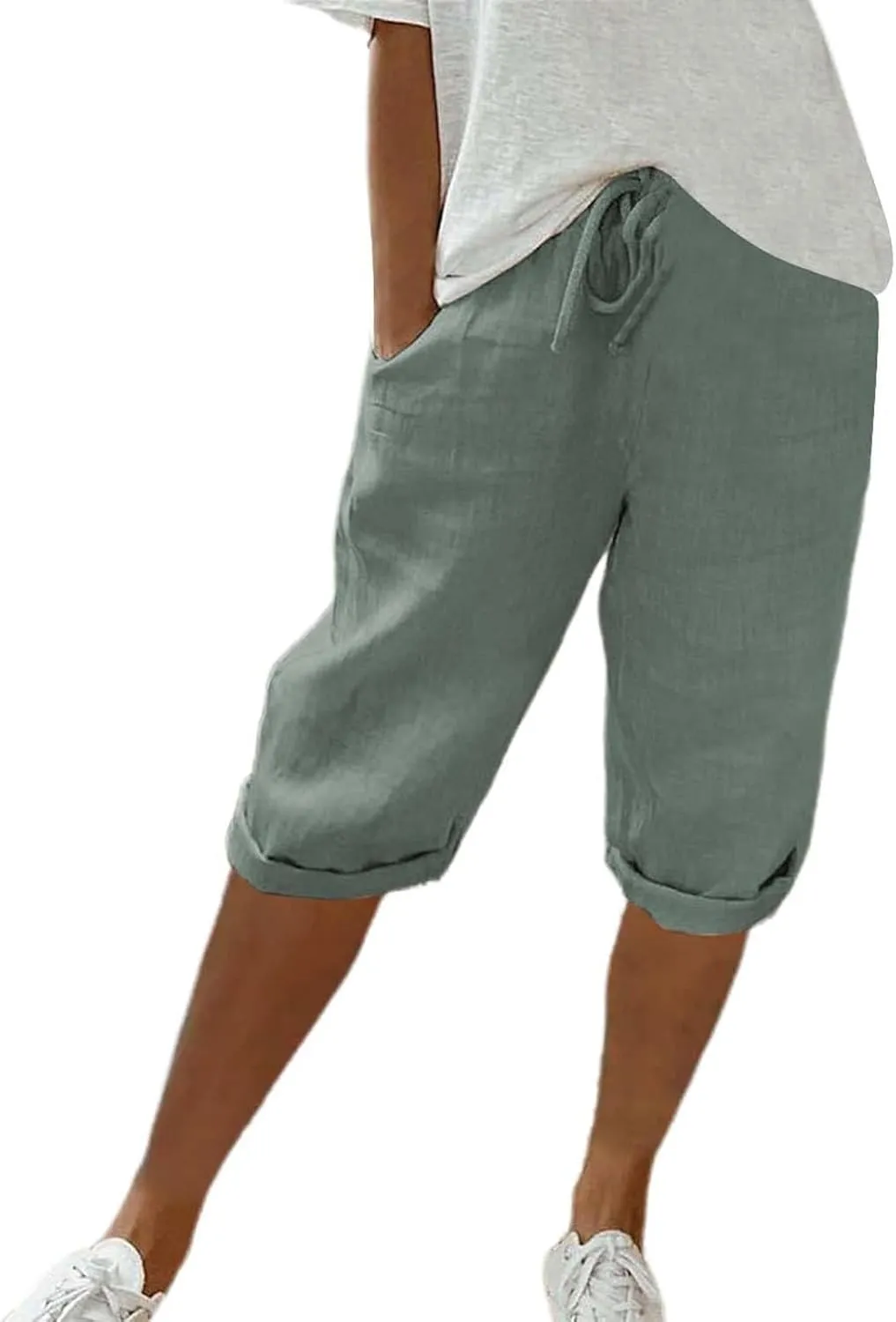 Bermuda Shorts for Women Knee Length High Waist Palazzo Cotton Linen Casual Pants with Pocket Summer Beach Vacation