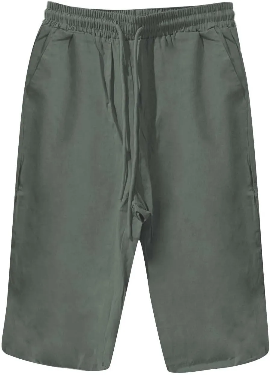 Bermuda Shorts for Women Knee Length High Waist Palazzo Cotton Linen Casual Pants with Pocket Summer Beach Vacation