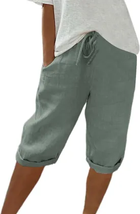 Bermuda Shorts for Women Knee Length High Waist Palazzo Cotton Linen Casual Pants with Pocket Summer Beach Vacation