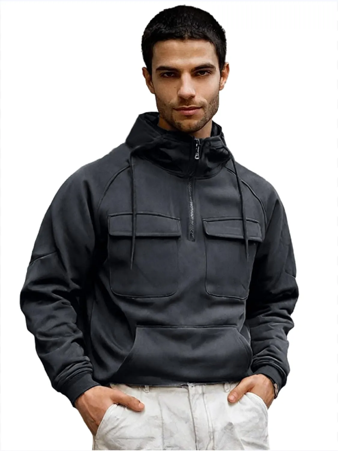 Cargo Hoodies for Men Tactical Sweatshirt Quarter Zip Cargo Pullover Hoodies Workout Gym Men Fashion Outdoor Hoodie