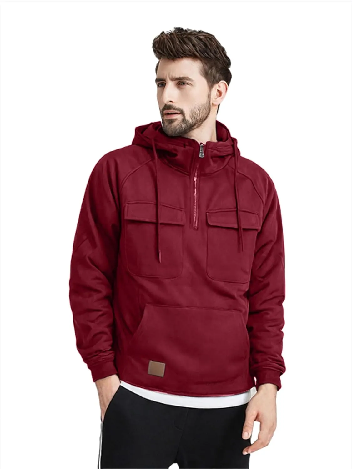 Cargo Hoodies for Men Tactical Sweatshirt Quarter Zip Cargo Pullover Hoodies Workout Gym Men Fashion Outdoor Hoodie