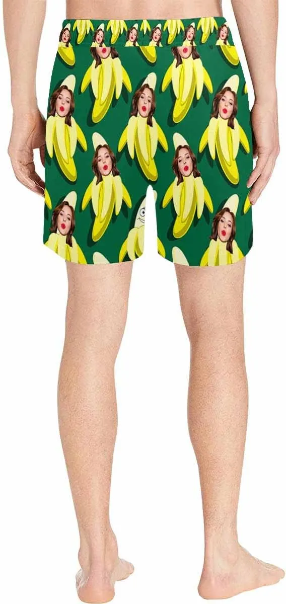 Custom Face Men's Stretch Swim Trunks Personalized with USA Flag Quick Dry Drawstring Elastic Waist Shorts Bathing Suit