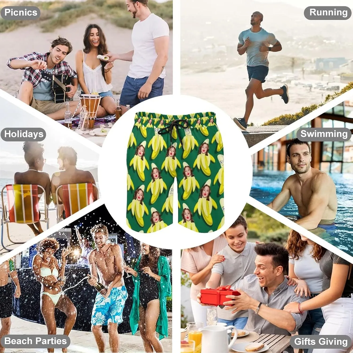 Custom Face Men's Stretch Swim Trunks Personalized with USA Flag Quick Dry Drawstring Elastic Waist Shorts Bathing Suit