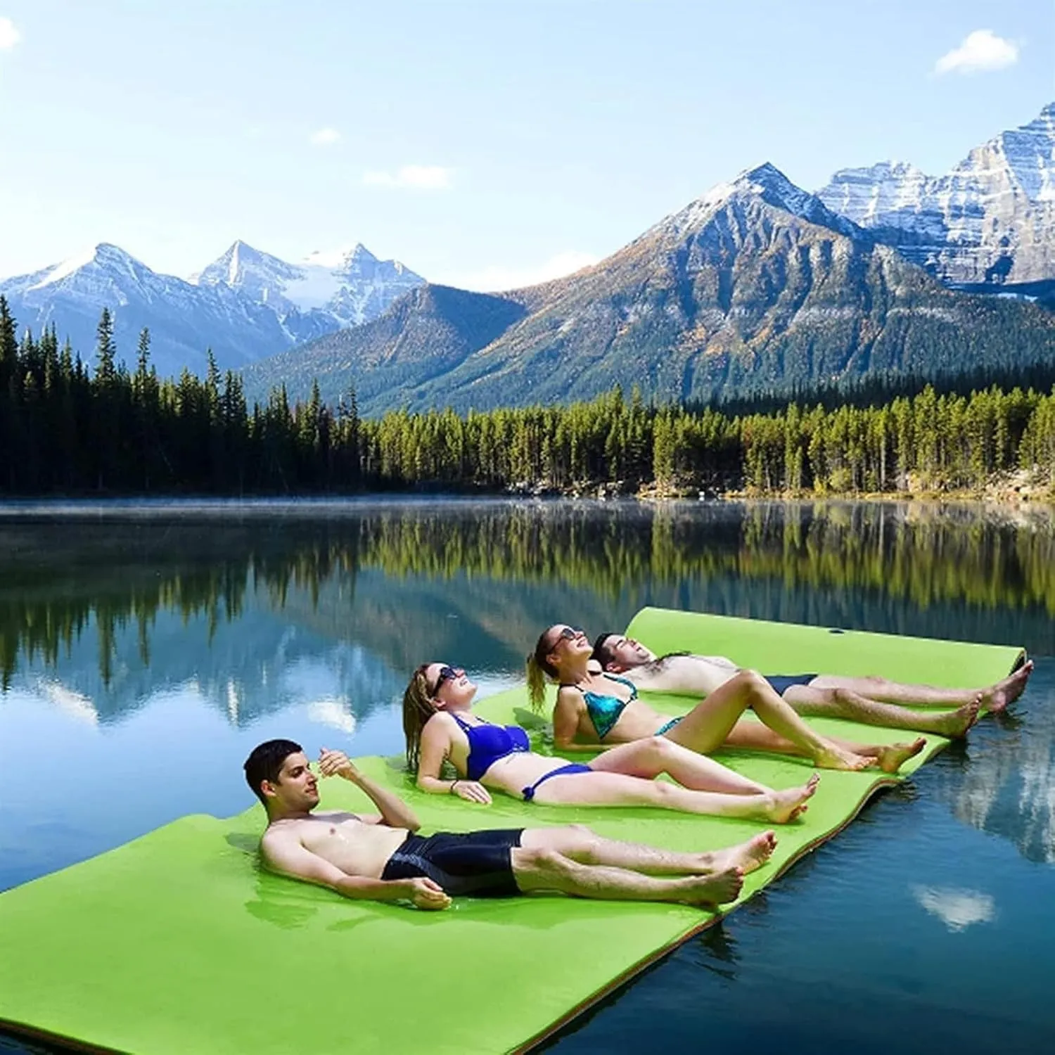 Floating Water Mat, Floating Mat, with Rolling Pillow Design, Bouncy Tear-Resistant 3-Layer XPE Foam, Roll-Up Floating Island River Rafts(Green,3mx1.8mx3.3cm)
