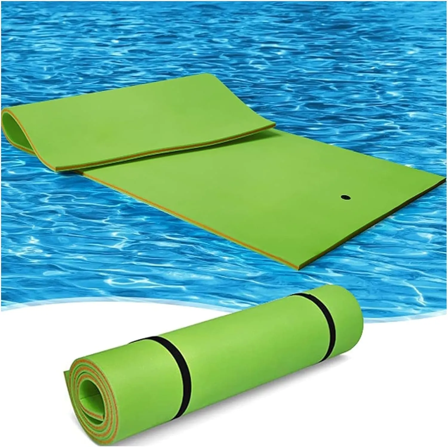 Floating Water Mat, Floating Mat, with Rolling Pillow Design, Bouncy Tear-Resistant 3-Layer XPE Foam, Roll-Up Floating Island River Rafts(Green,3mx1.8mx3.3cm)