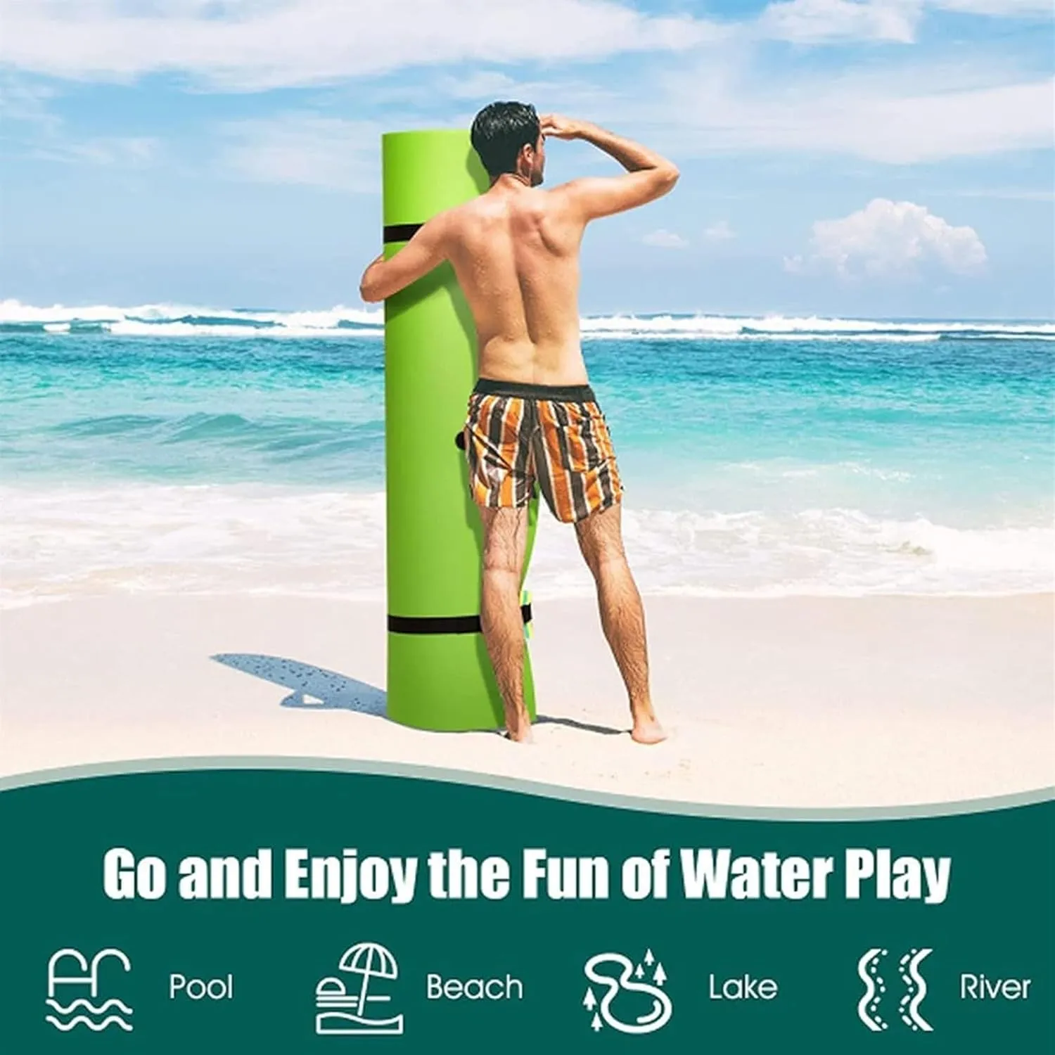 Floating Water Mat, Floating Mat, with Rolling Pillow Design, Bouncy Tear-Resistant 3-Layer XPE Foam, Roll-Up Floating Island River Rafts(Green,3mx1.8mx3.3cm)