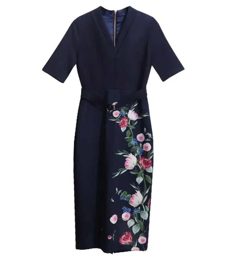 Floral Print V-Neck Pencil Dress
