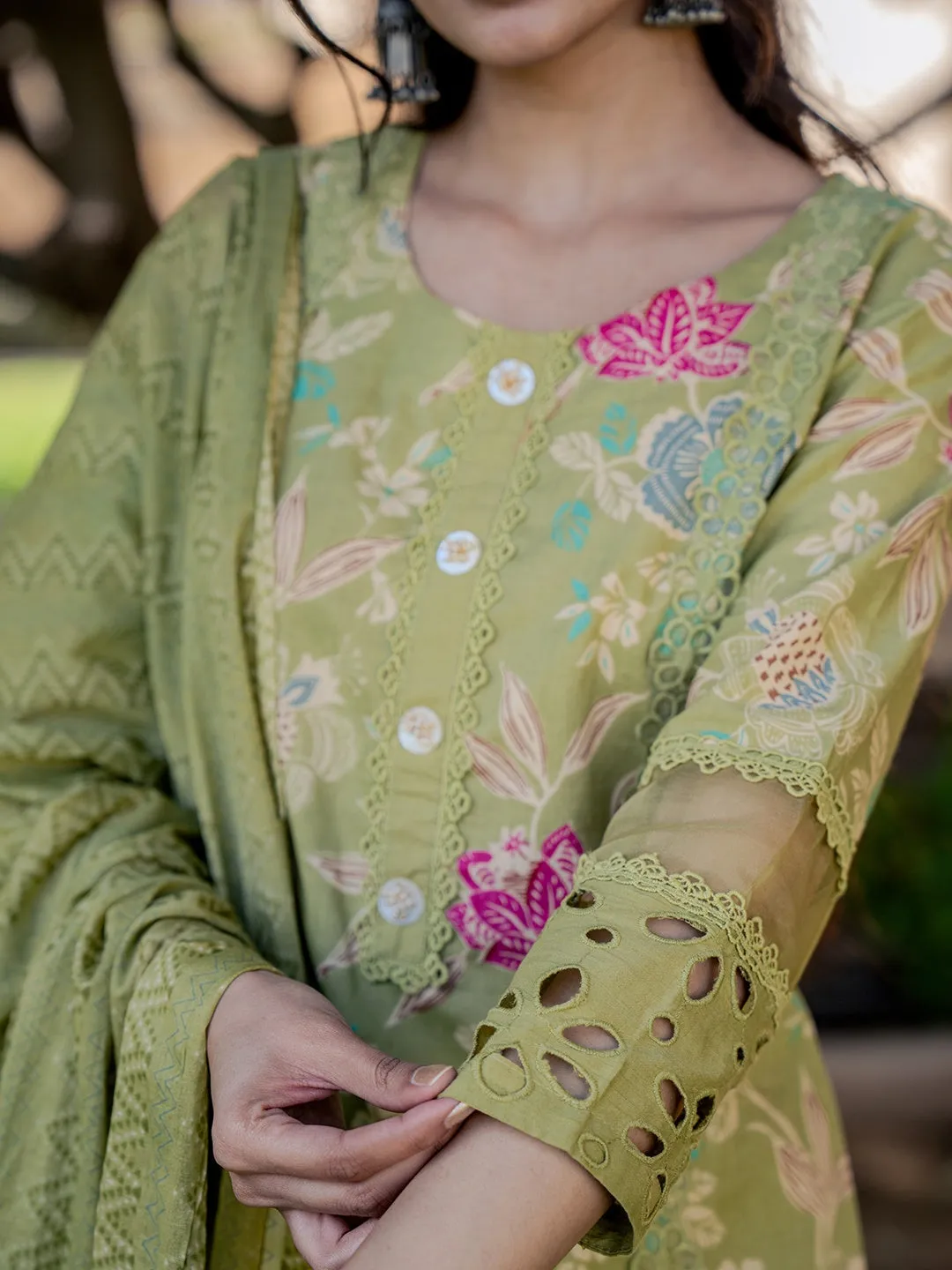 Green Floral Print,Less Kurta Cotton Kurta Dupatta Set