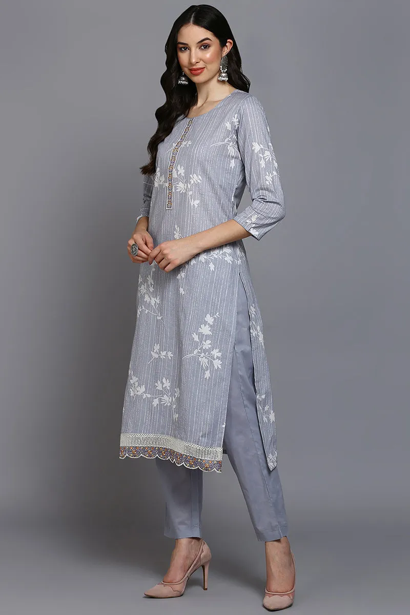 Grey Cotton Blend Floral Straight Suit Set