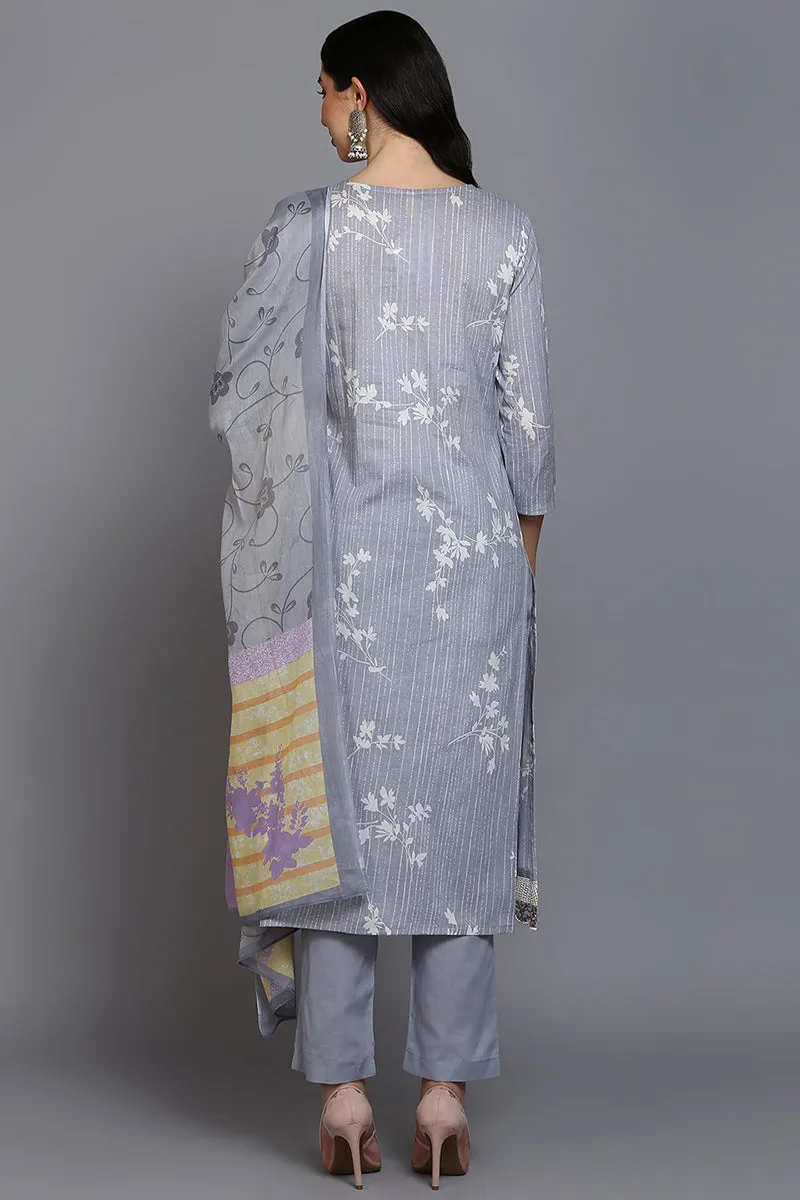 Grey Cotton Blend Floral Straight Suit Set