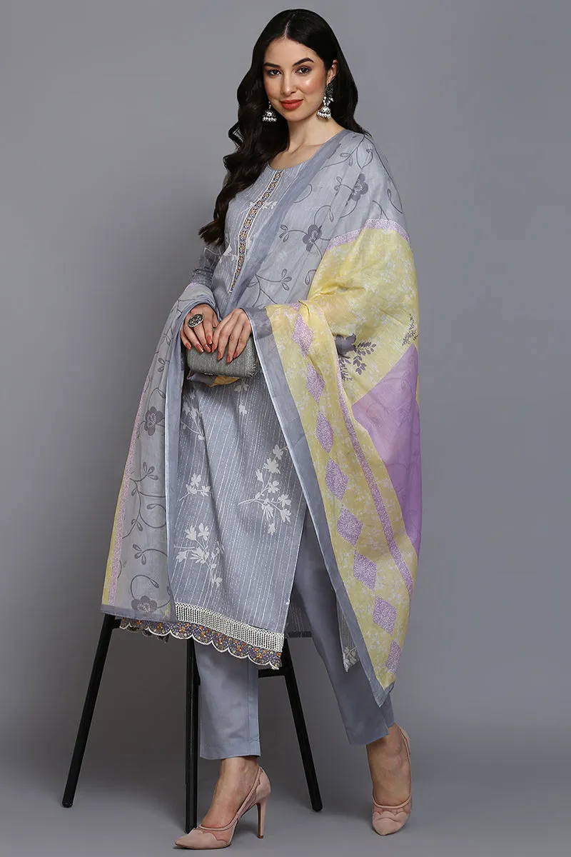 Grey Cotton Blend Floral Straight Suit Set