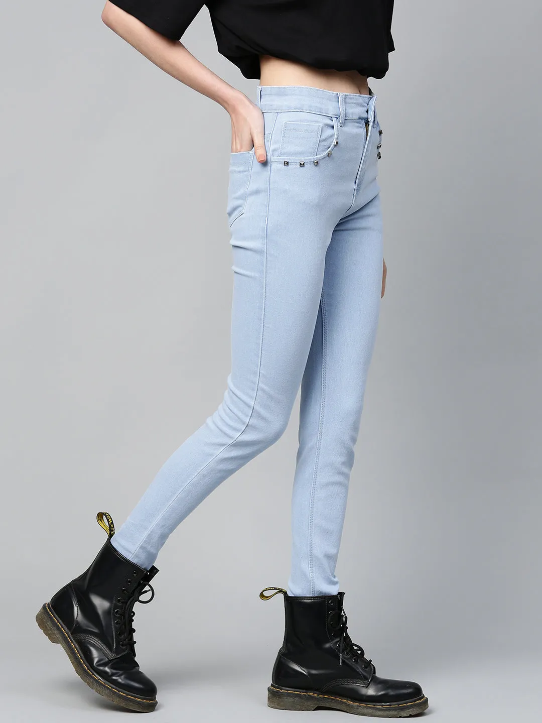 Ice Blue Pearl Studded Pocket Jeans
