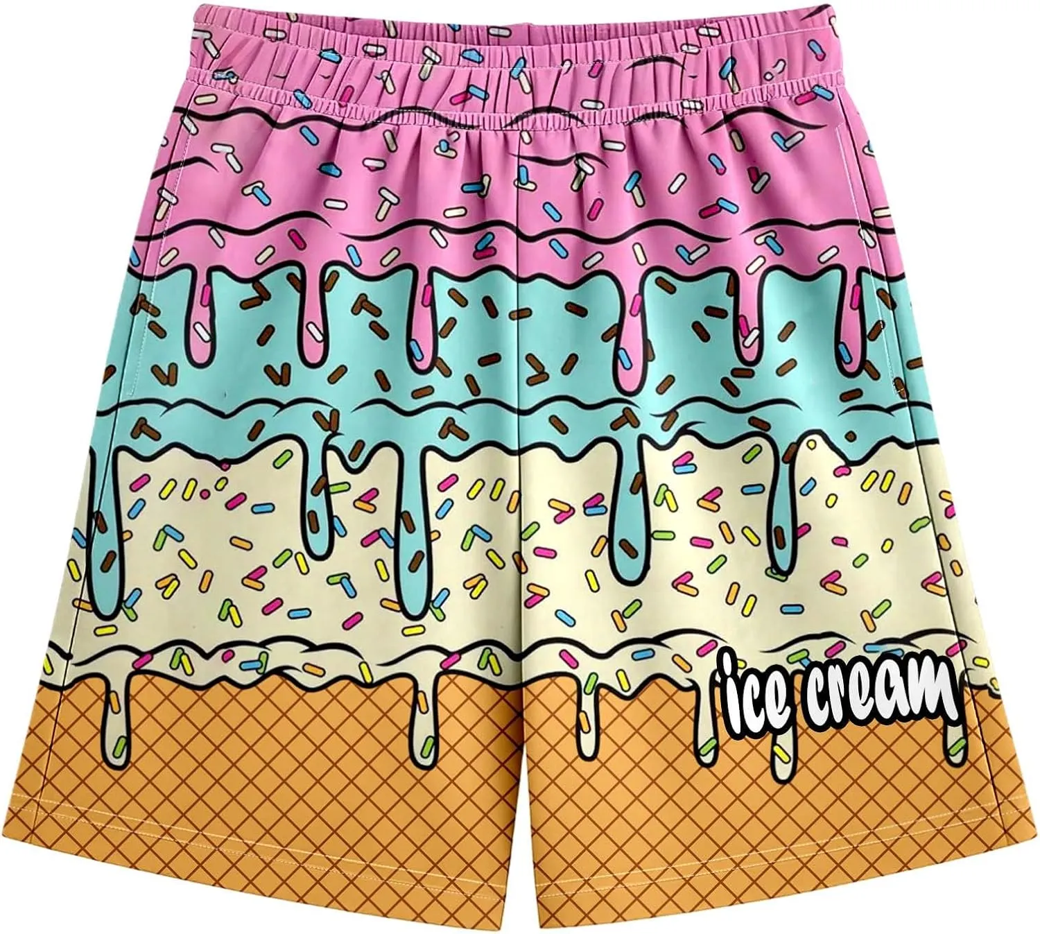 Ice Cream Boys Swim Trunks Summer Cute Preppy Ice Cream Drip Baseball Shorts Casual Elastic Waist Short-Pants with Pockets