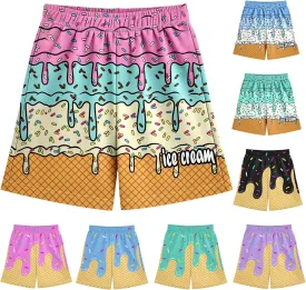 Ice Cream Boys Swim Trunks Summer Cute Preppy Ice Cream Drip Baseball Shorts Casual Elastic Waist Short-Pants with Pockets