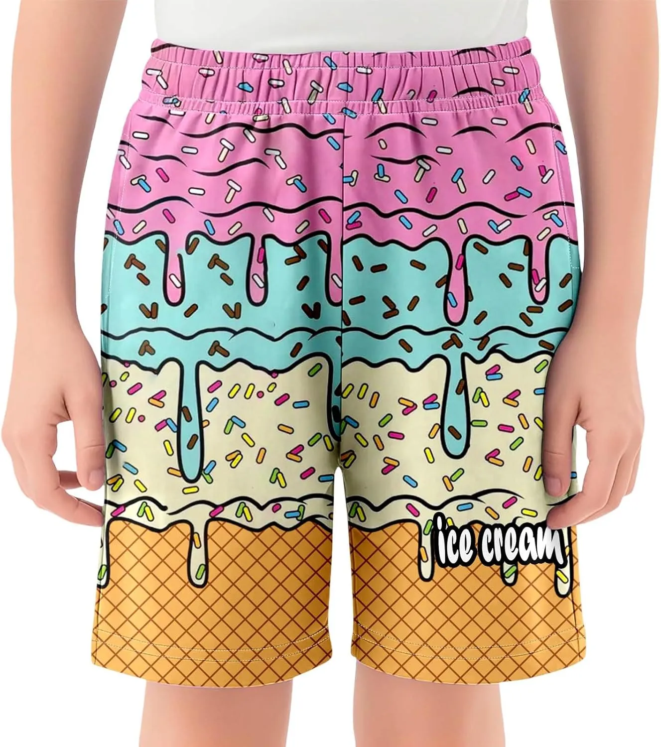 Ice Cream Boys Swim Trunks Summer Cute Preppy Ice Cream Drip Baseball Shorts Casual Elastic Waist Short-Pants with Pockets