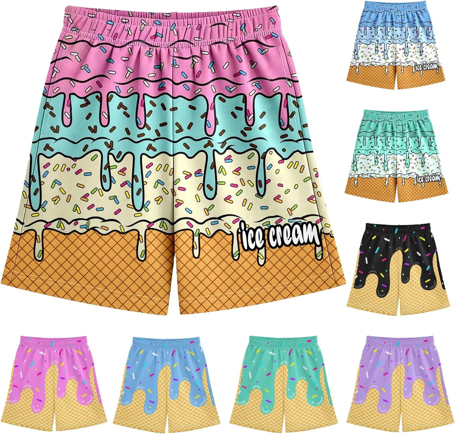 Ice Cream Boys Swim Trunks Summer Cute Preppy Ice Cream Drip Baseball Shorts Casual Elastic Waist Short-Pants with Pockets