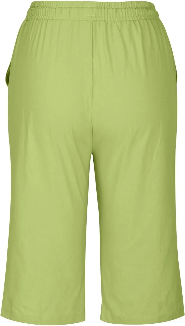 Linen Bermuda Shorts for Women Knee Length Summer Casual Drawstring High Waisted Gym Short Pants with Pockets