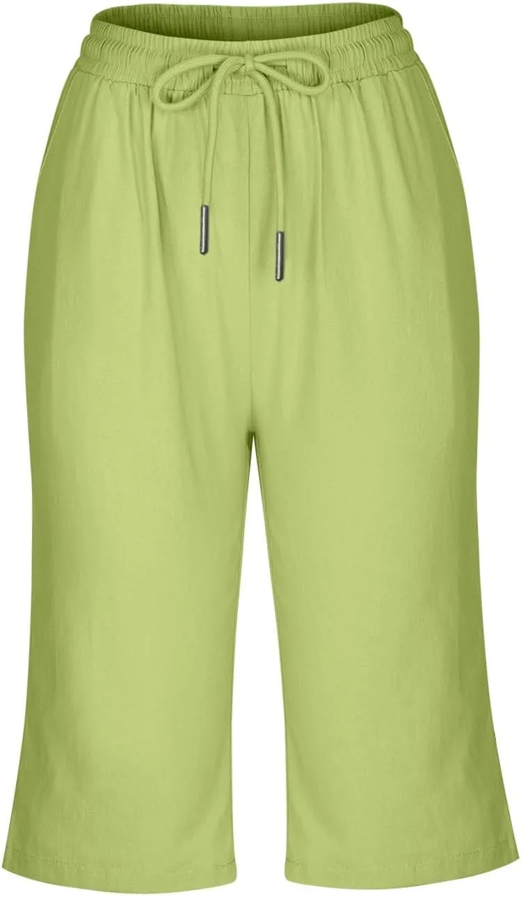 Linen Bermuda Shorts for Women Knee Length Summer Casual Drawstring High Waisted Gym Short Pants with Pockets