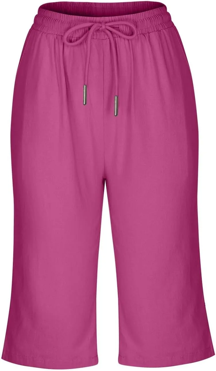 Linen Bermuda Shorts for Women Knee Length Summer Casual Drawstring High Waisted Gym Short Pants with Pockets