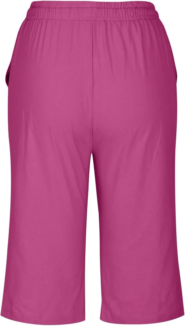 Linen Bermuda Shorts for Women Knee Length Summer Casual Drawstring High Waisted Gym Short Pants with Pockets