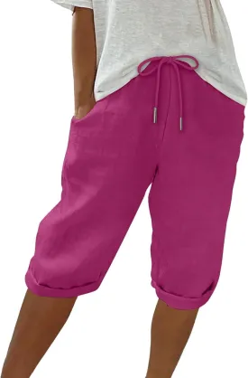 Linen Bermuda Shorts for Women Knee Length Summer Casual Drawstring High Waisted Gym Short Pants with Pockets