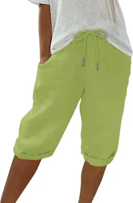 Linen Bermuda Shorts for Women Knee Length Summer Casual Drawstring High Waisted Gym Short Pants with Pockets