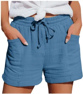 Linen Shorts for Women Summer Casual Loose Shorts Drawstring Elastic Waist Lightweight Bermuda Shorts with Pockets