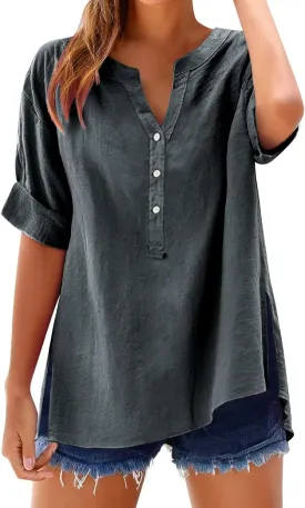 Linen Tops for Women Summer Button Down V Neck Shirts Casual Short Sleeve Loose T-Shirt Cotton Linen Blouse Tees 2025