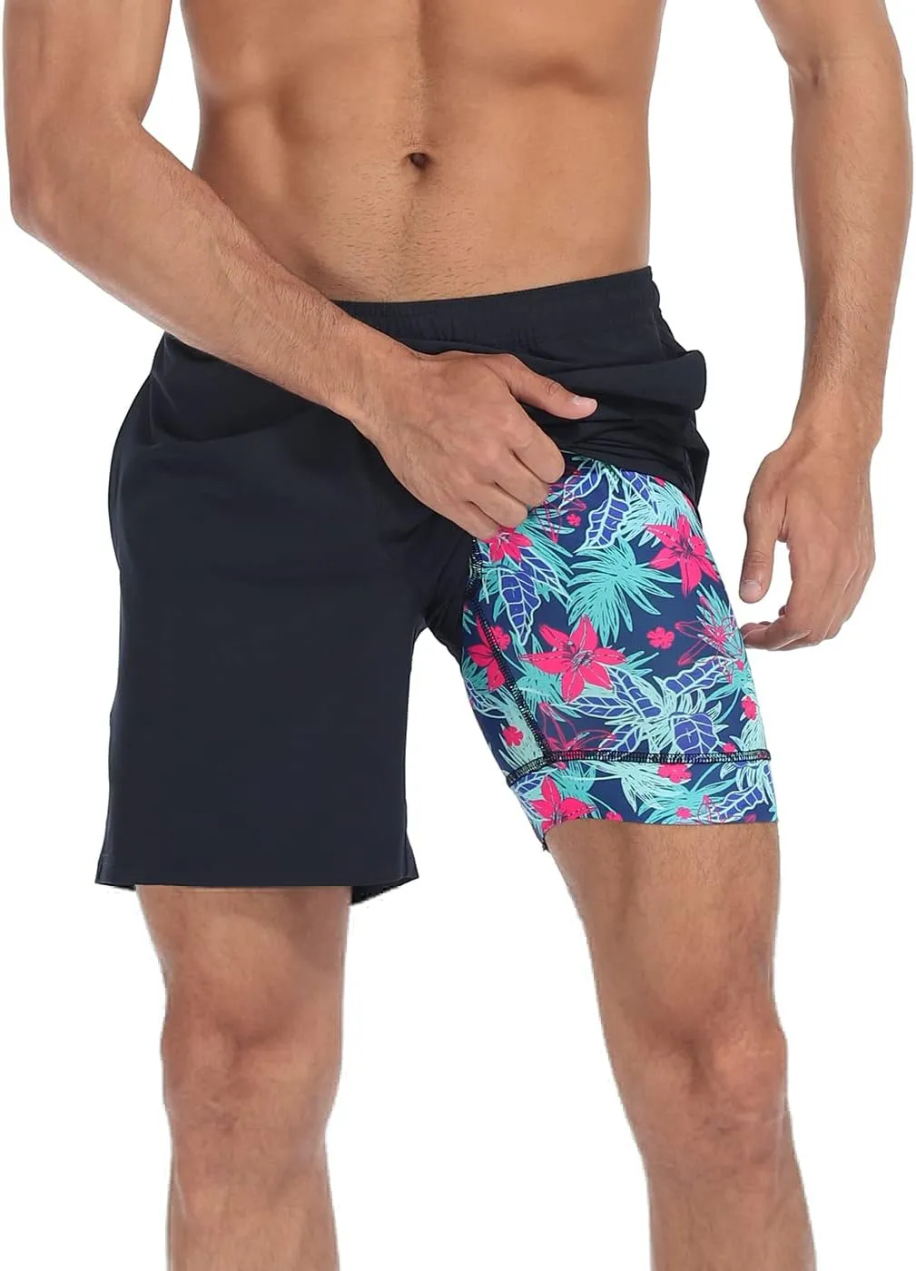 LRD Mens Athletic Workout Shorts with Compression Liner 7 inch Inseam