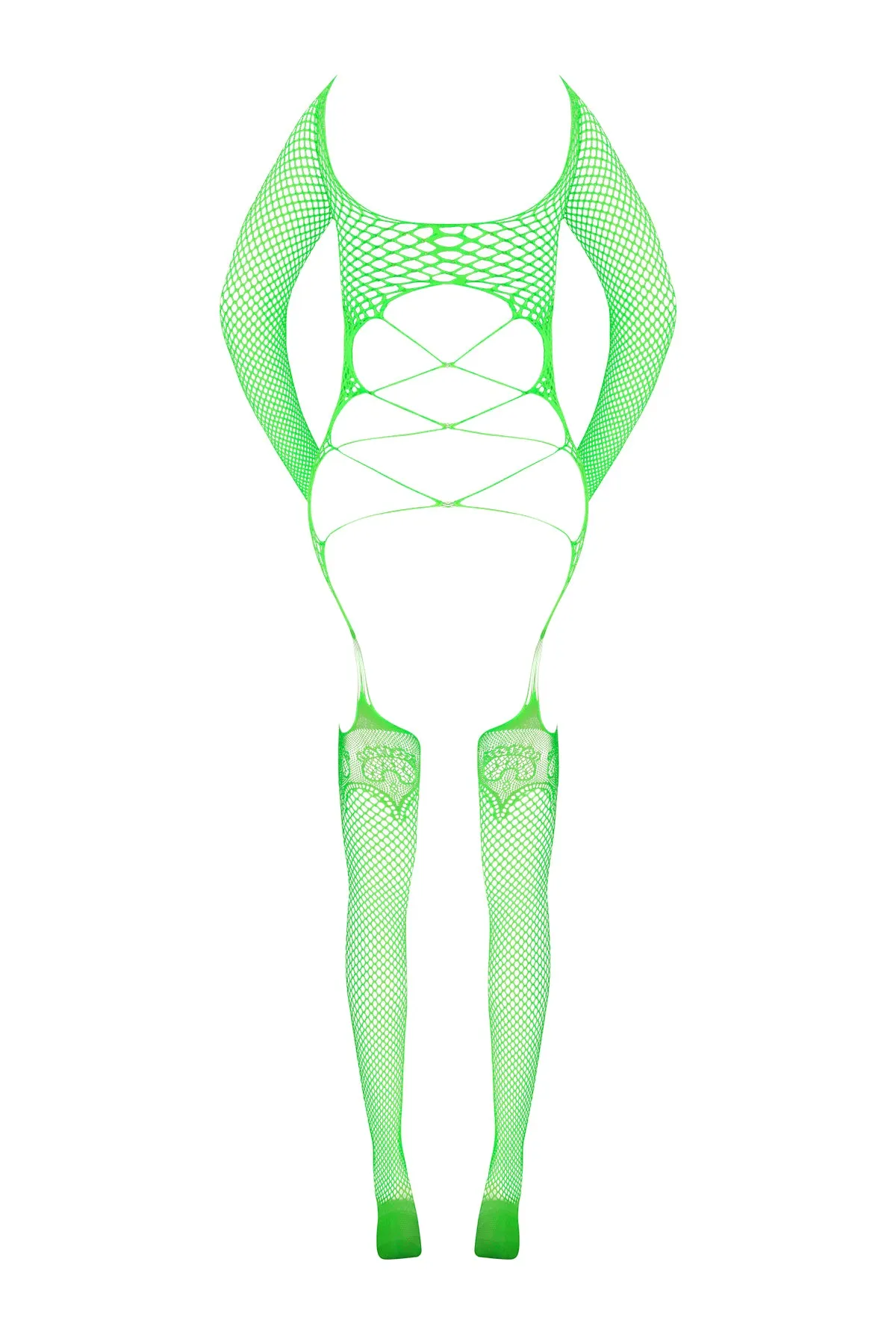 Magic Silk Seamless Fishnet Gartered Catsuit Lime One Size