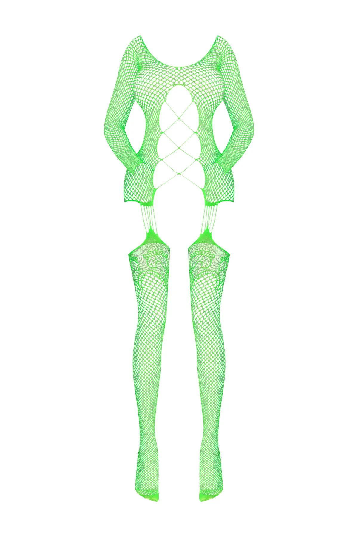 Magic Silk Seamless Fishnet Gartered Catsuit Lime One Size
