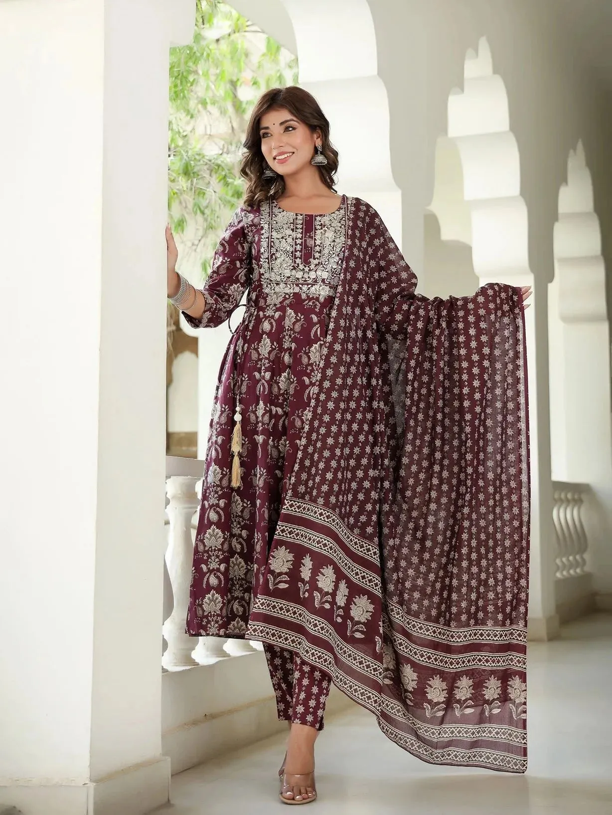 Maroon Floral Embroidered Regular Thread Work Pure Cotton Kurta With Trousers & With Dupatta