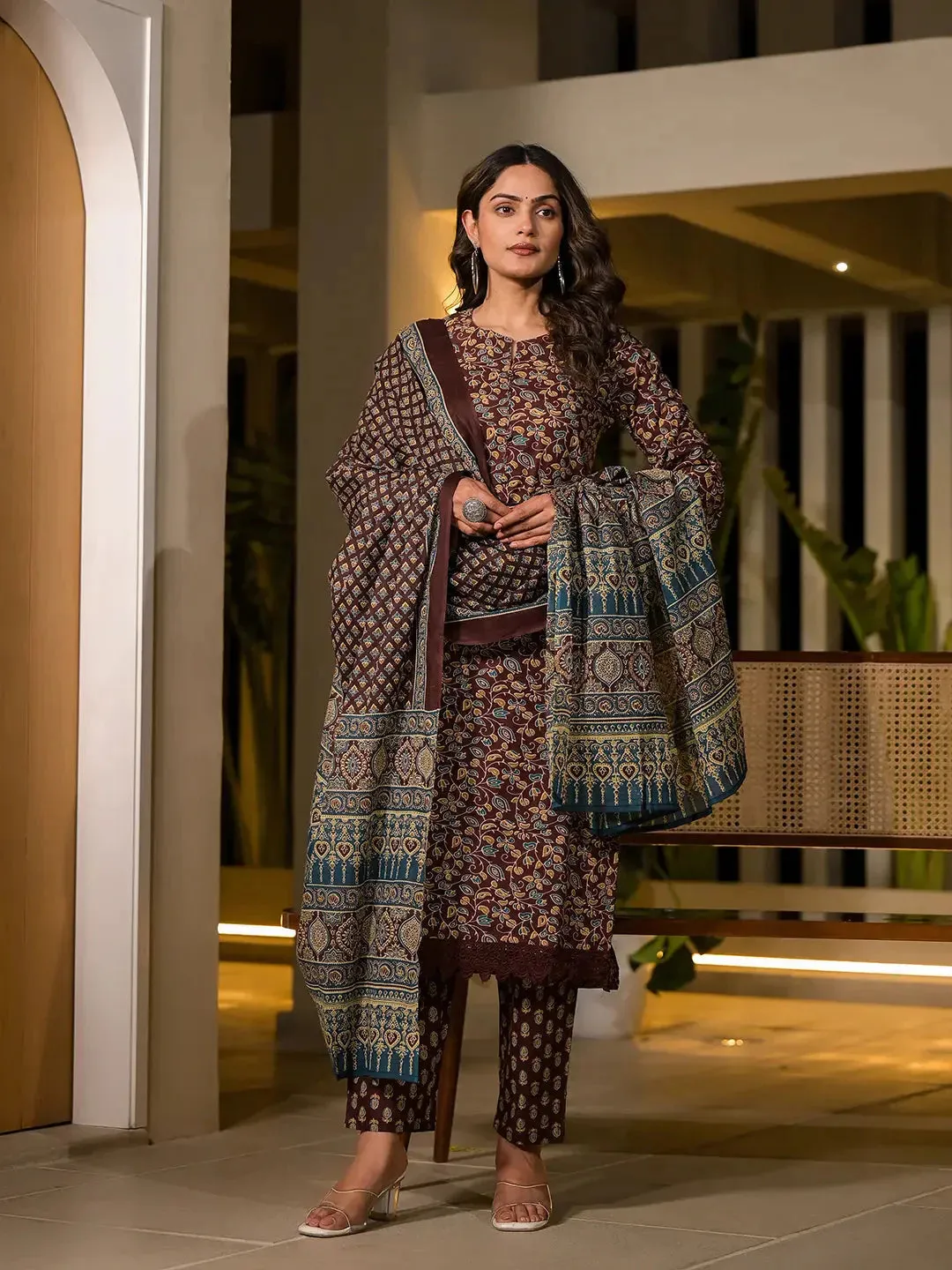 Maroon Floral Print Piping On Yoke Pakistani Style Kurta With Trousers And Dupatta Set
