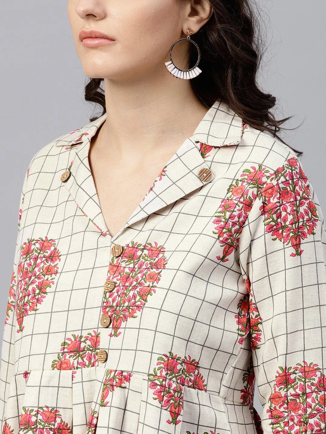Off White Printed Top With Notched Collar And 3/4 Sleeves