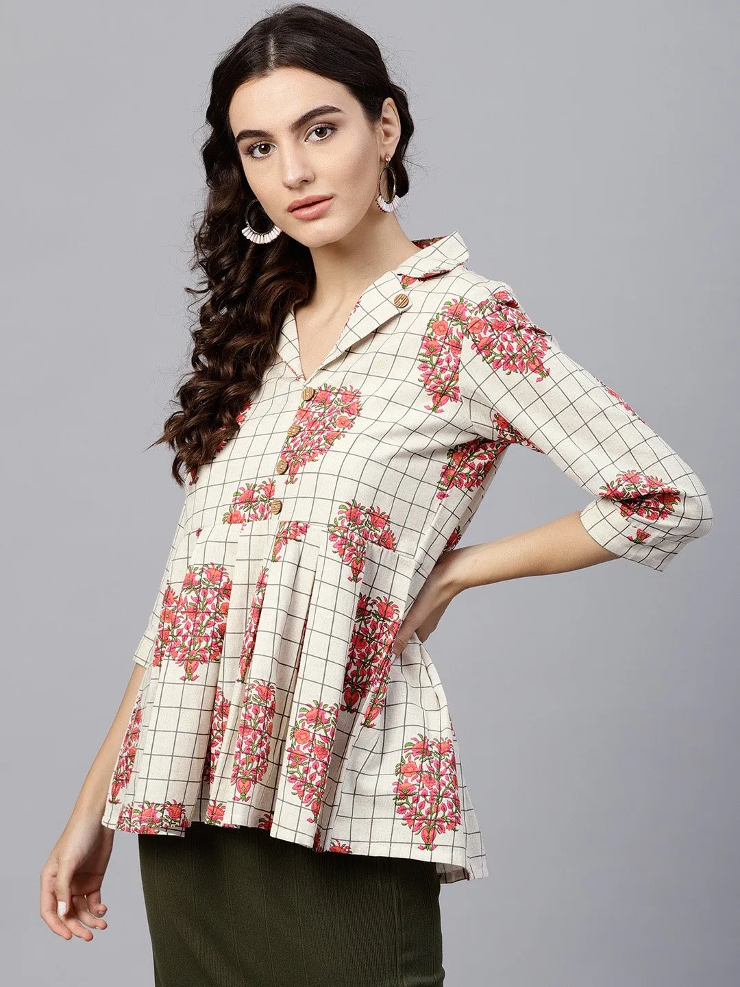 Off White Printed Top With Notched Collar And 3/4 Sleeves