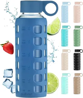 purifyou 40/32/22/12 oz Borosilicate Glass Water Bottles with Volume Markers, Silicone Sleeve, Stainless Steel Lid, Reusable Bottle for Water, Juice, Gym, and Fridge Storage (12oz Chinese Porcelain)